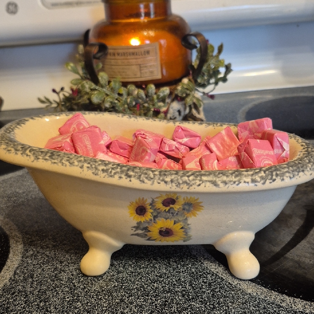 Sunflower Old Time Tub Dish Vintage   With Club Feet Porcelain Soap Candy Holder